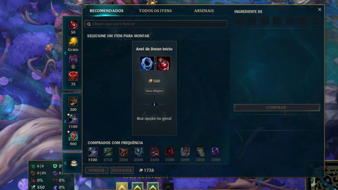 Interface da loja de itens do LoL com abas de sugestões e categorias por atributos