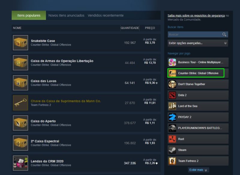 Como filtrar o mercado da Steam