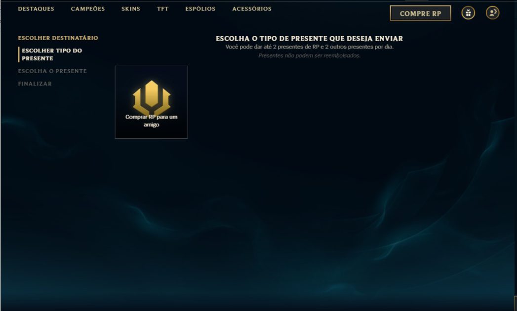 Na foto, um tutorial de como enviar presente no LoL