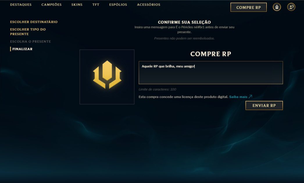 Na foto, um tutorial de como enviar presente no LoL