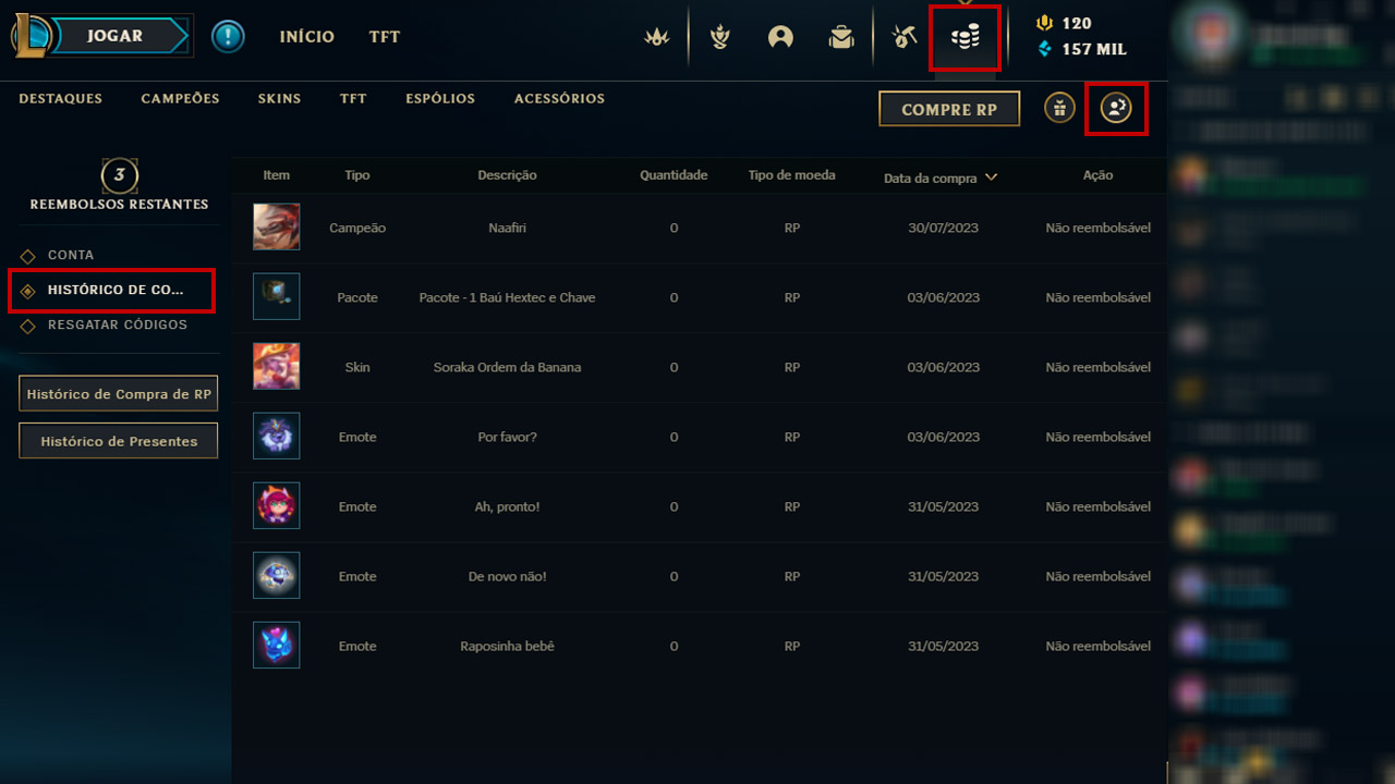 Imagem de um tutorial de como olhar histórico de compras no LoL
