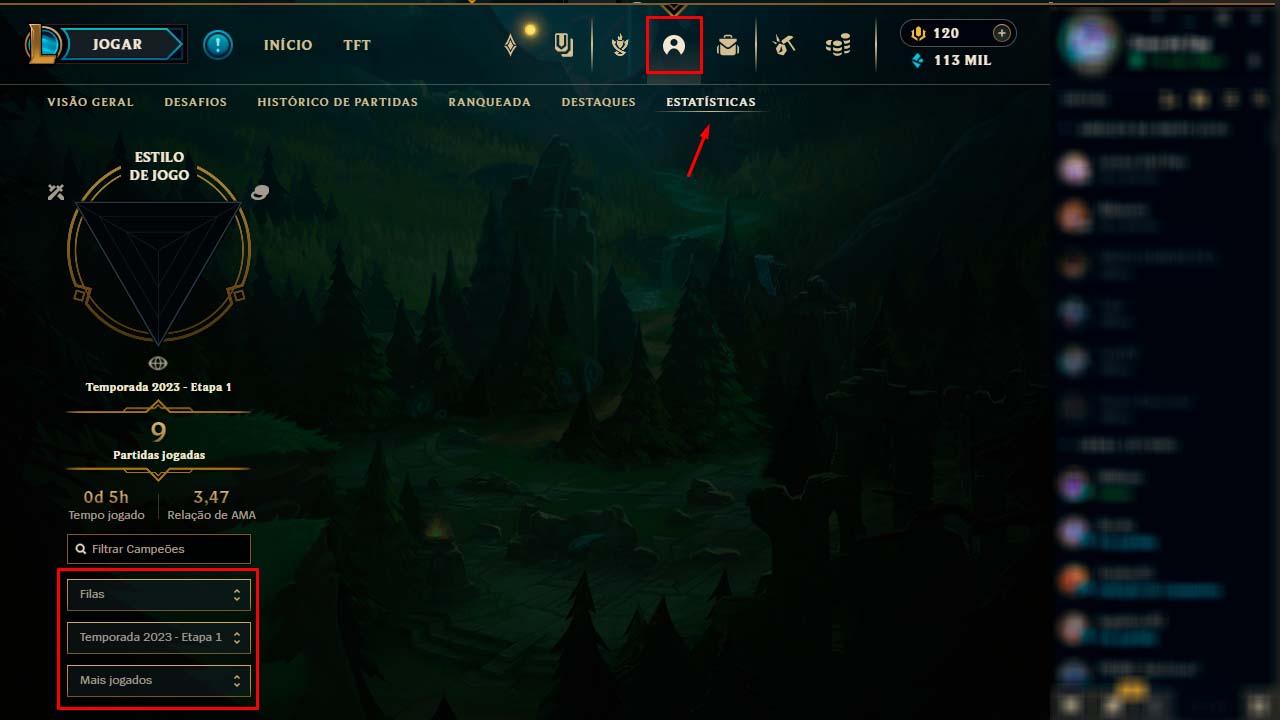 Image of how to look at the hours spent in LoL through the game itself