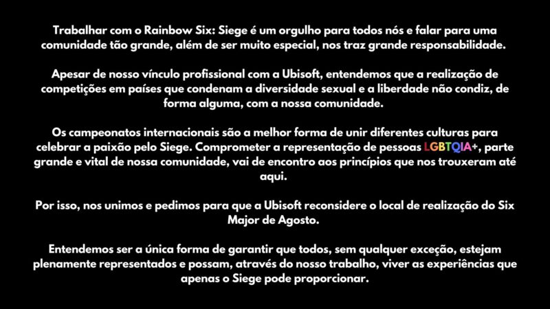 Carta aberta publicada pelos casters acerca da realização do Six Major nos Emirados Árabes Unidos 