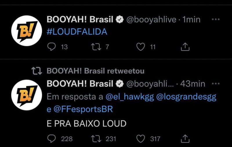 Imagem dos tweets feitos pela BOOYAH provocando a LOUD