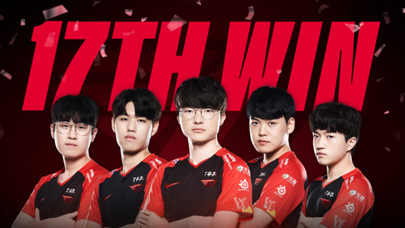 Imagem par ailustrar as 17 vitórias da T1 na LCK 2022