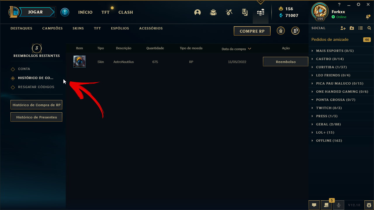 Histórico de compras no League of Legends