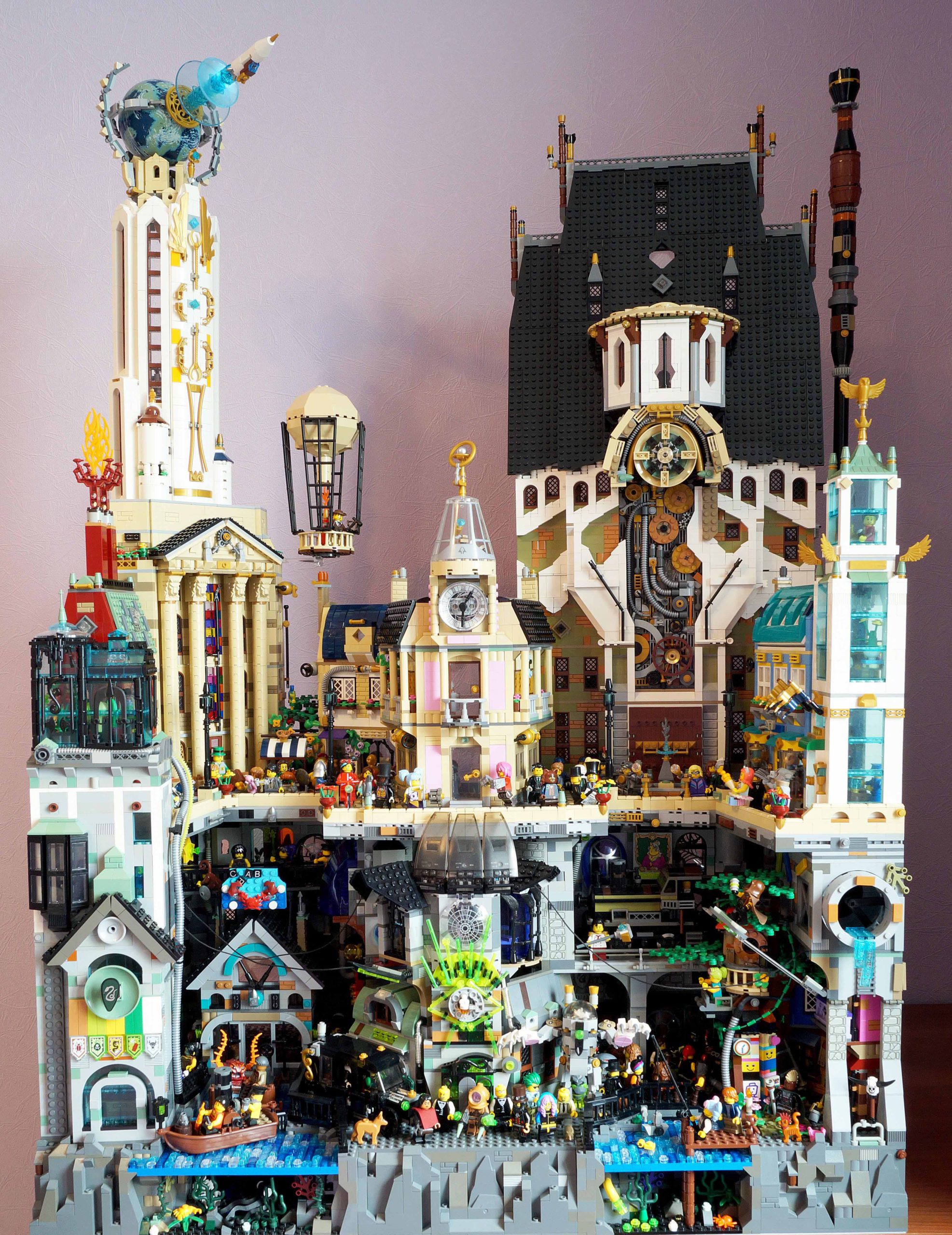 Imagem das cidades de Zaum e Piltover feitas de LEGO 