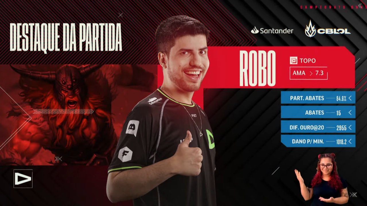 Imagem do jogador Robo, da LOUD,, como destaque da partida no CBLOL 2022