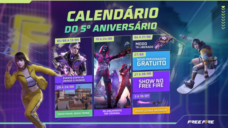 Calendário de eventos do 5º aniversário do Free Fire