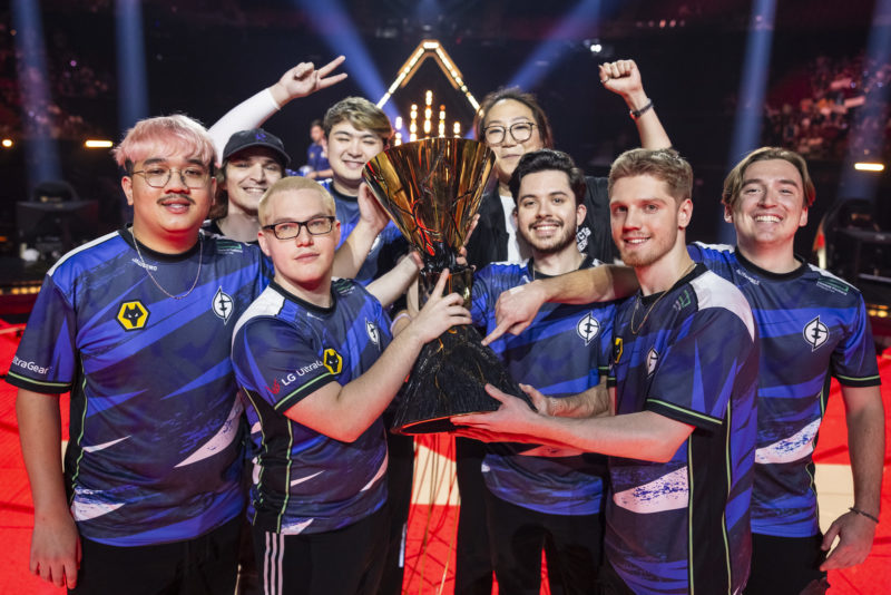 Image of the Evil Geniuses team with the VALORANT Champions 2023 title