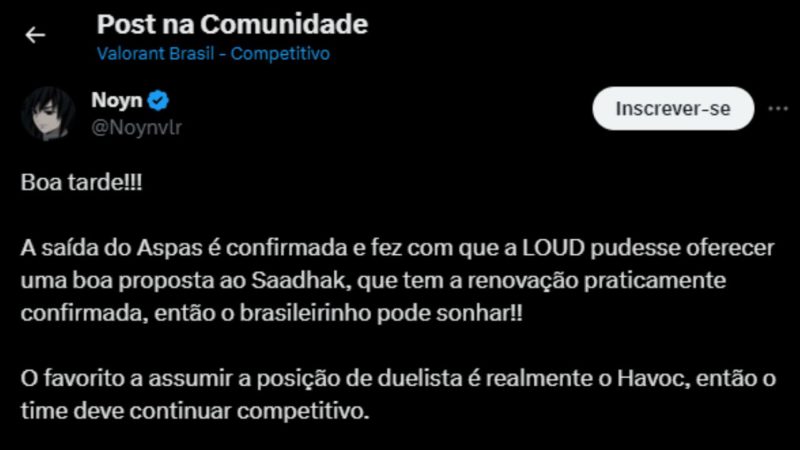 Twitter do Noyn falando sobre Saadhak e Havoc na LOUD