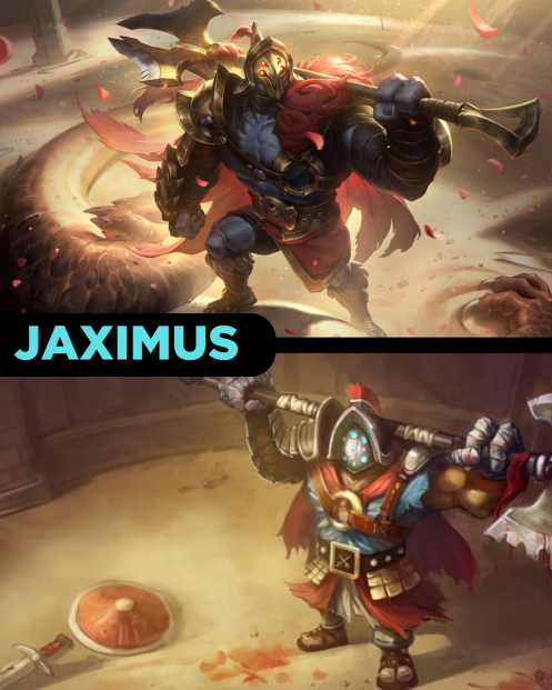 Imagem de comparação da skin Jaximus antes e depois do Rework