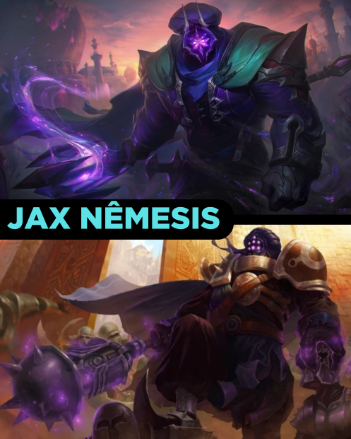 Imagem de comparação da skin Jax Nêmesis antes e depois do Rework