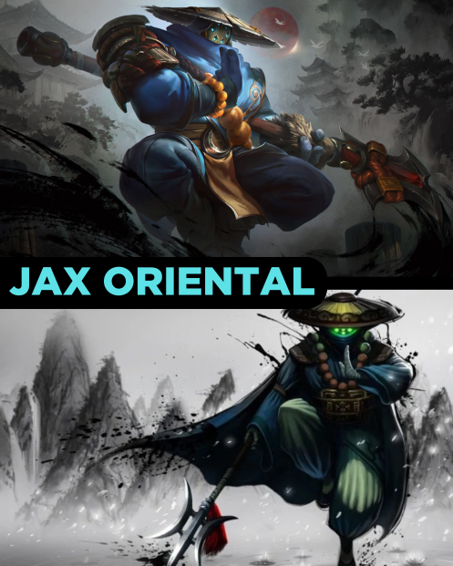 Imagem de comparação da skin Jax Oriental antes e depois do Rework