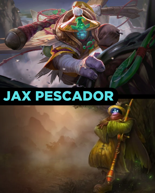 Imagem de comparação da skin Jax Pescador antes e depois do Rework