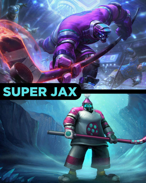 Imagem de comparação da skin Super Jax antes e depois do Rework