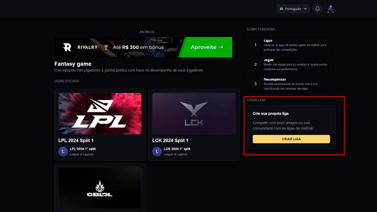 Imagem de como criar uma liga do CBLOL 2024 na Stattrak