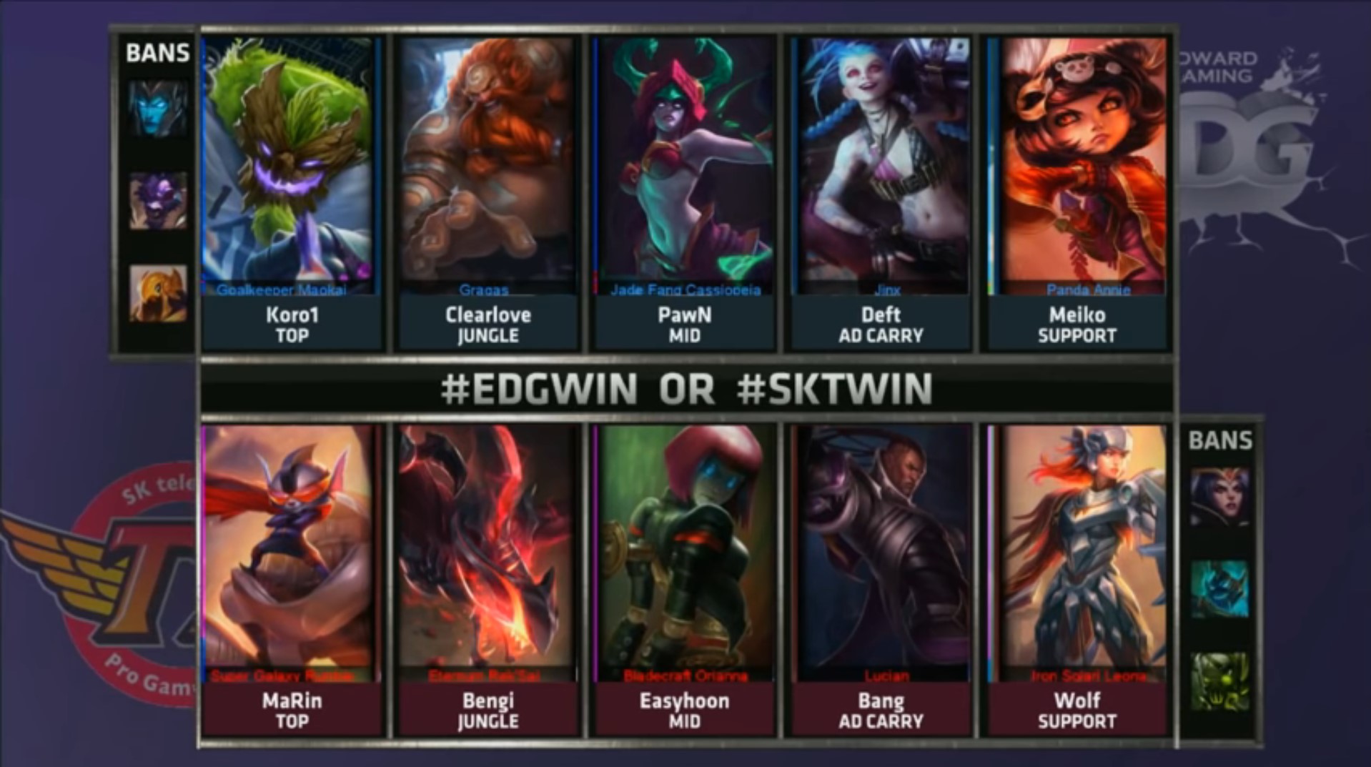 Image of the picks from the second game between SKT and EDG at MSI 2015