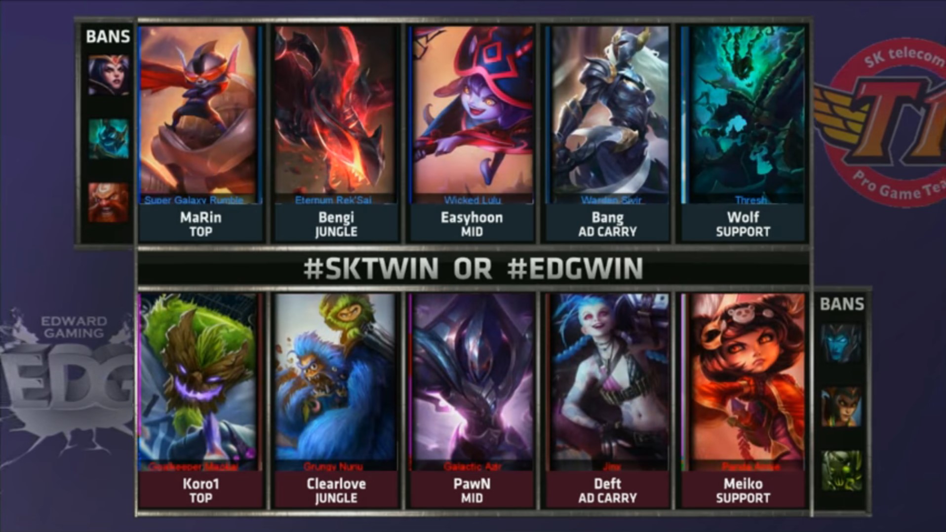 Imagem dos picks do terceiro jogo entre SKT e EDG no MSI 2015