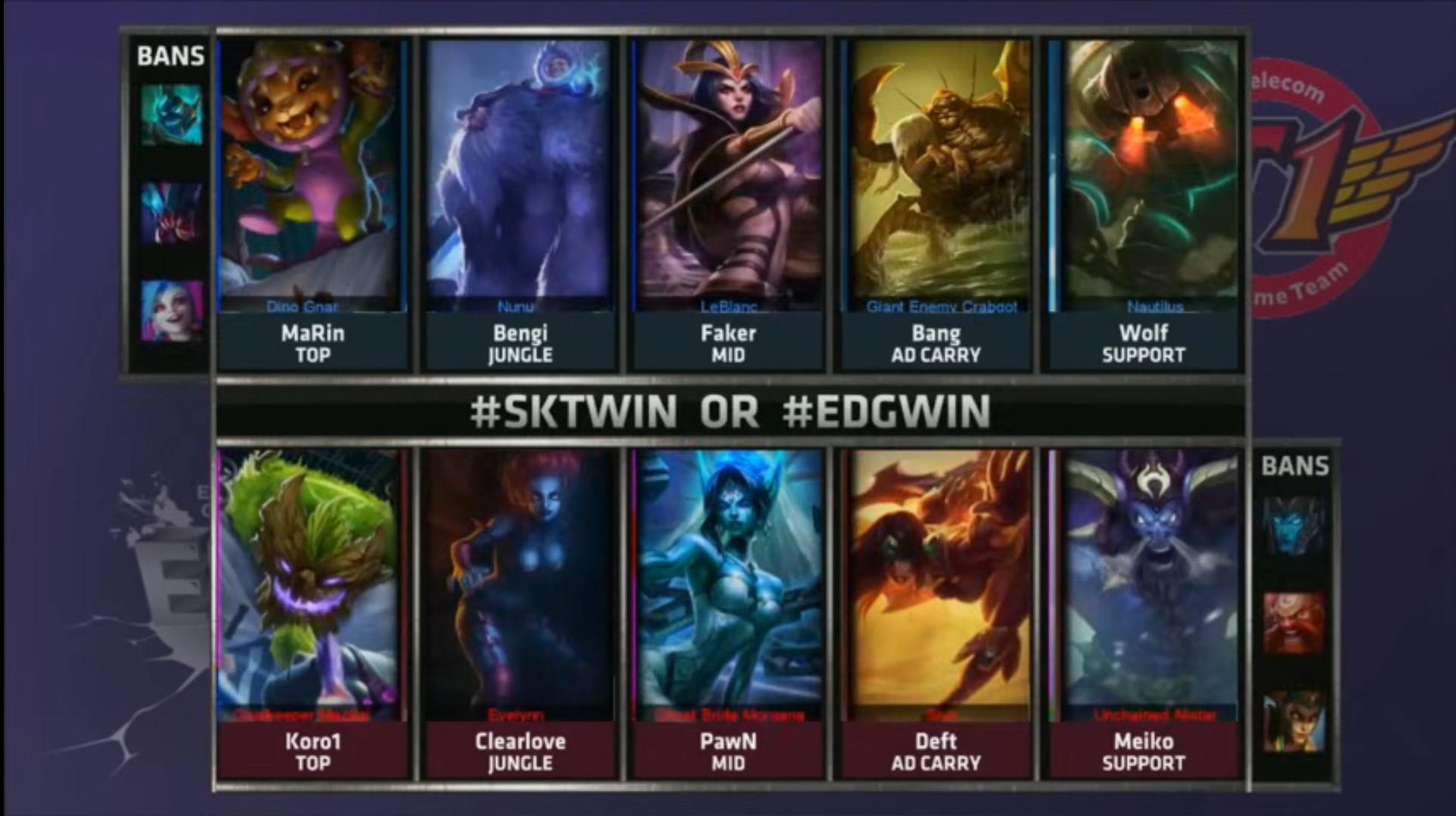 Imagem dos picks e Bans da quinta partida entre SKT e EDG no MSI 2015