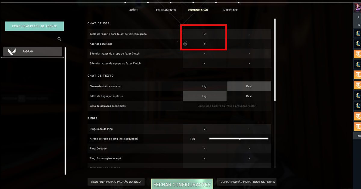 Imagem do tutorial de como ajustar as teclas de atalho de microfone do VALORANT