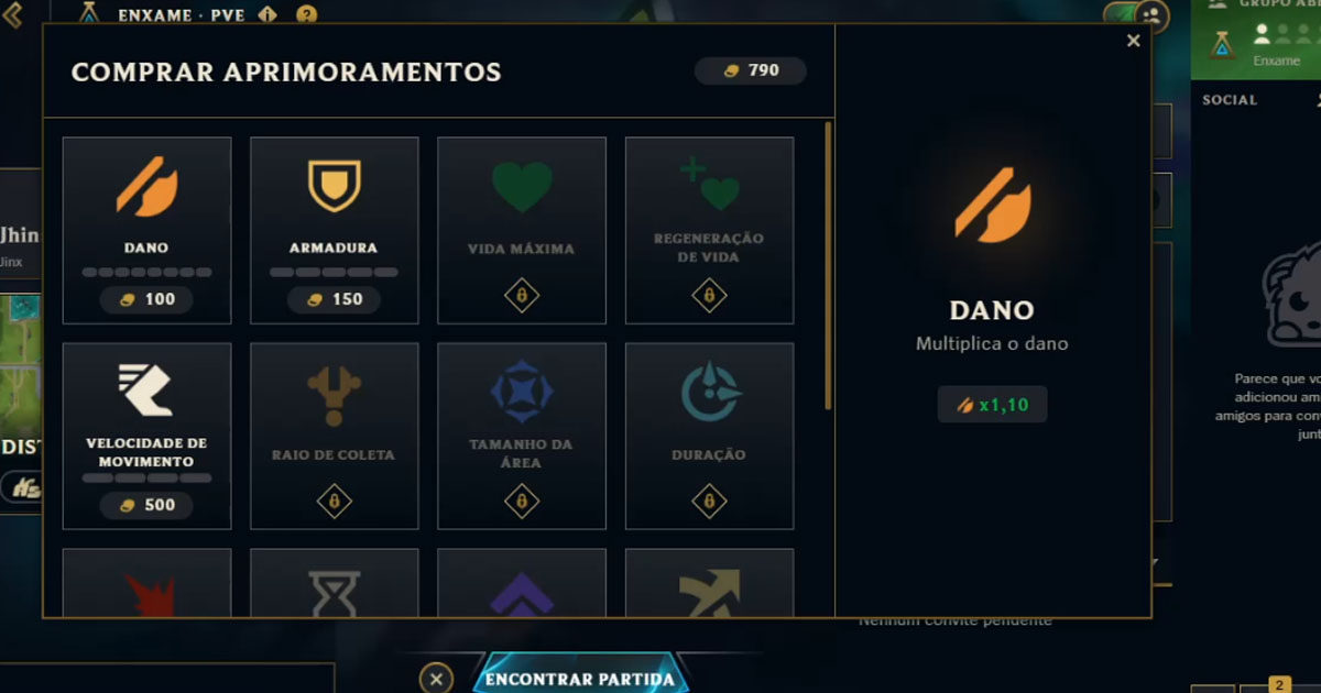 Imagem de todos os aprimoramentos qeu podem ser comrpados com ouro no Modo Enxame do LoL