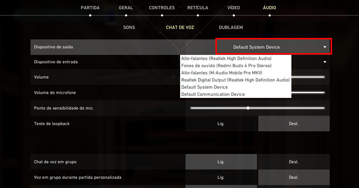 Imagem do tutorial de como configurar a saída de som do microfone no VALORANT