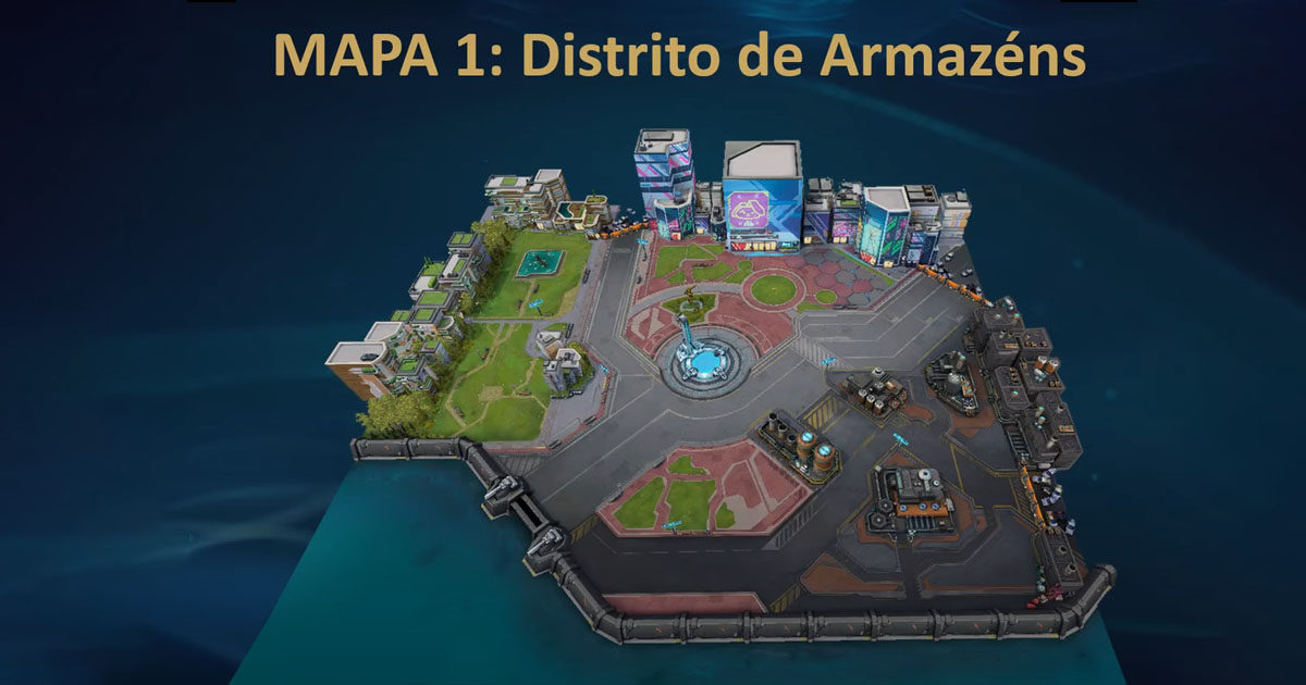 Imagem do mapa distritos de armazem no modo enxame PVe do LoL