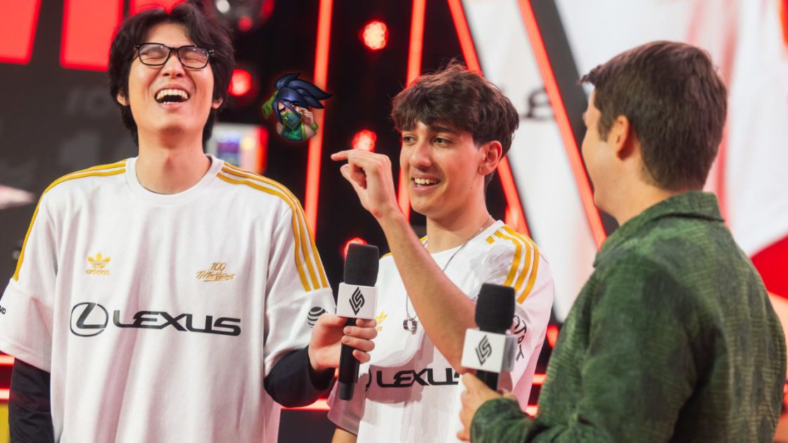 Na foto, Tomio e Sniper da 100 Thieves nos playoffs da LCS 2024 2º split