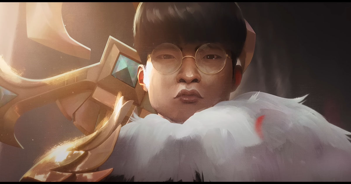 Imagem de Faker caracterizado como Azir no clçipe de Heavy is the Crown