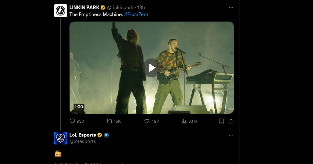 Imagem do comentário do LoL Esports na música do Linkin Partk