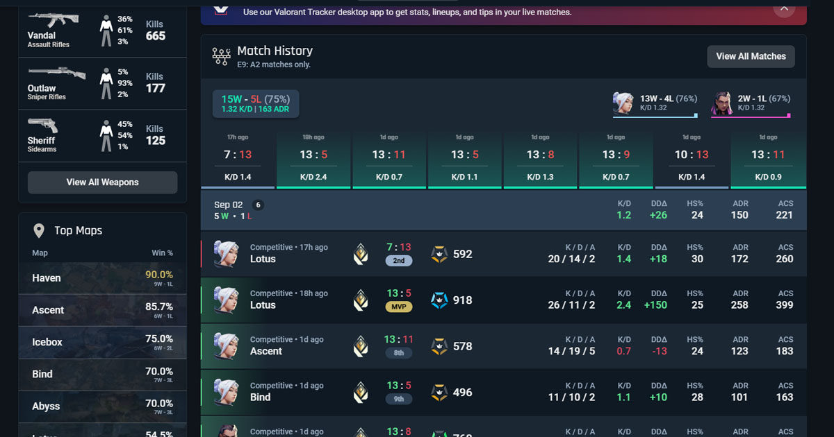 Imagem da interface do VALORANT Tracker