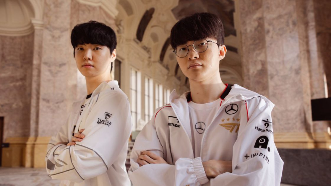 Imagem do jogador T1 Faker e Gen.G Chovy no Worlds 2024