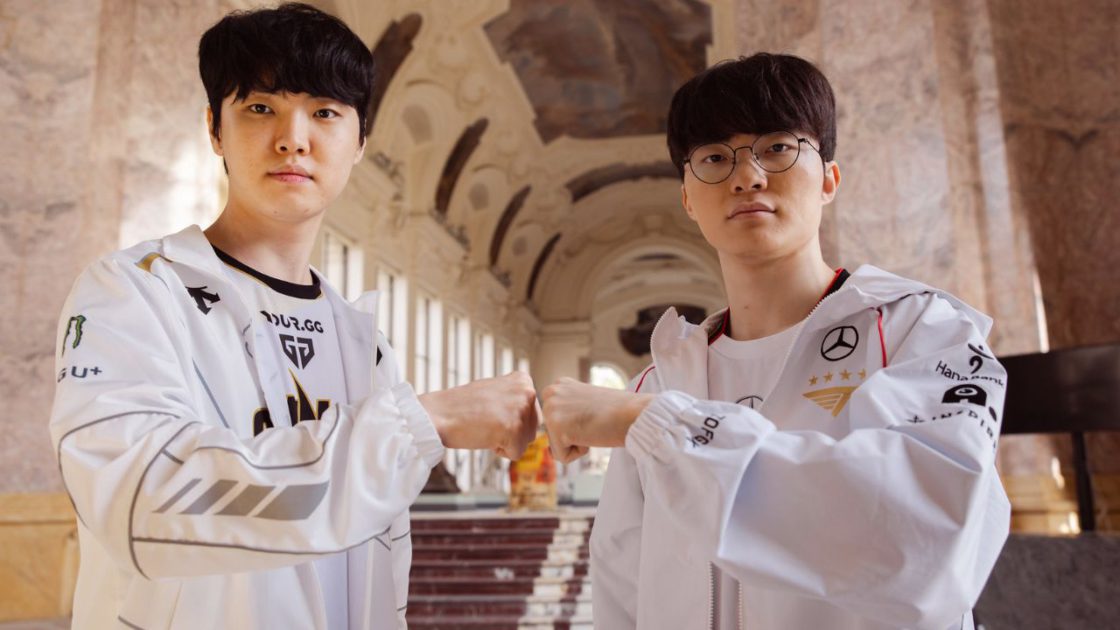 Imagem do jogador T1 Faker e Gen.G Chovy no Worlds 2024