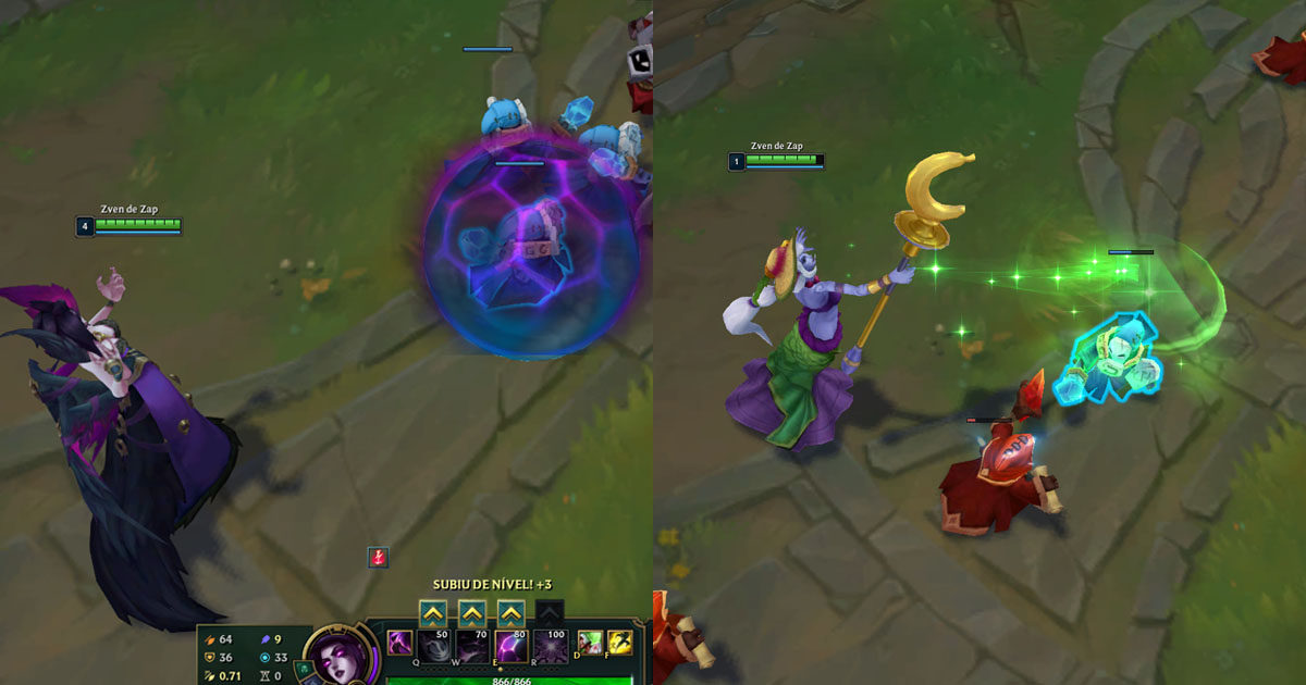 Imagem do E da Morganer e do W da Soraka sendo usado em minions no LoL