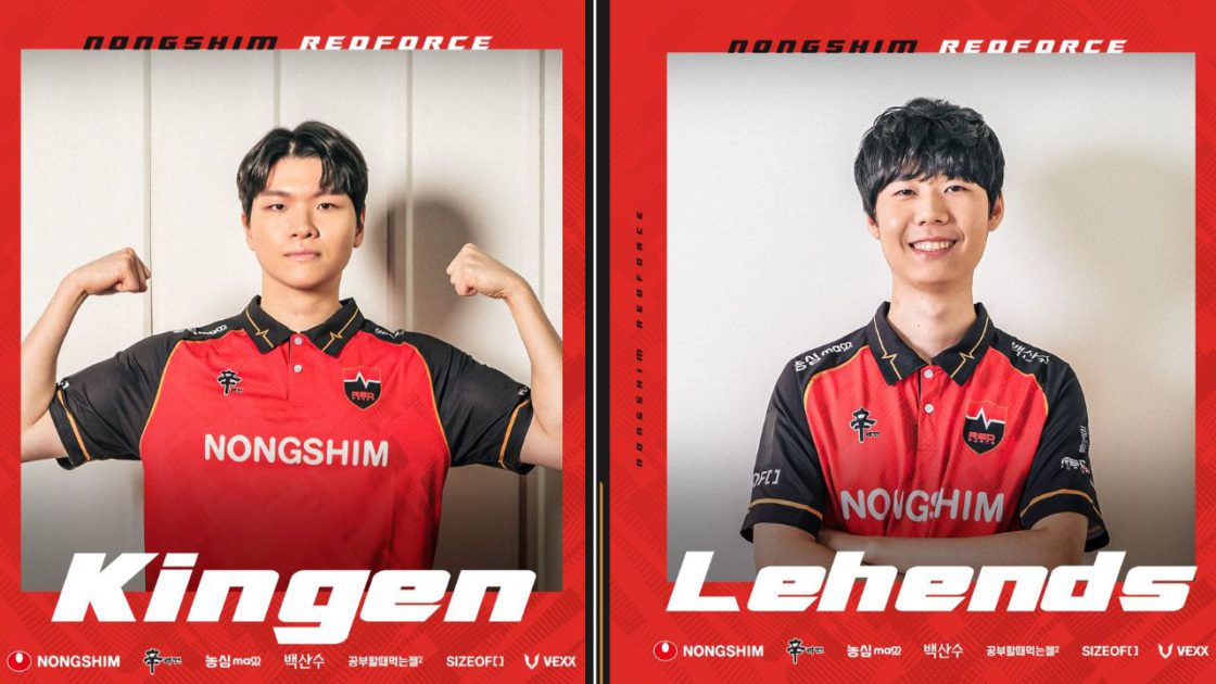 Na foto, o top-laner Kingen e o suporte Lehends sendo anunciados em sua nova equipe: NS Red Force