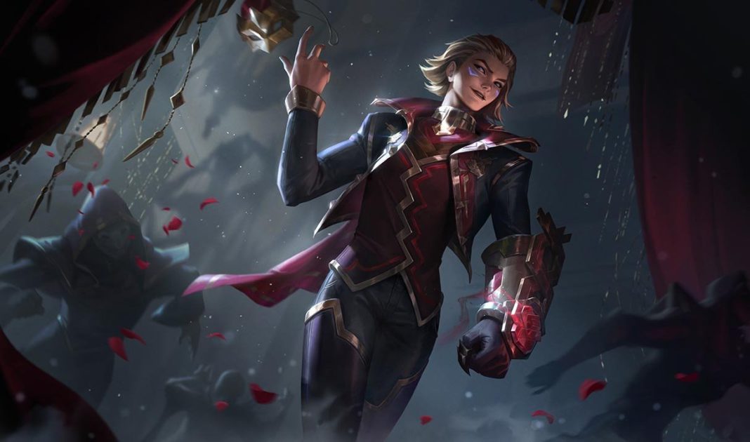 Na imagem, a arte da skin Ezreal Baile da Rosa Negra 