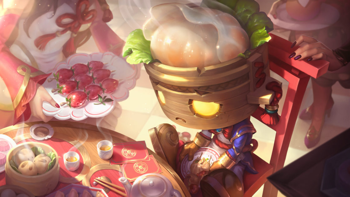 Imagem da nova skin amumu Meili CAfe no LoL