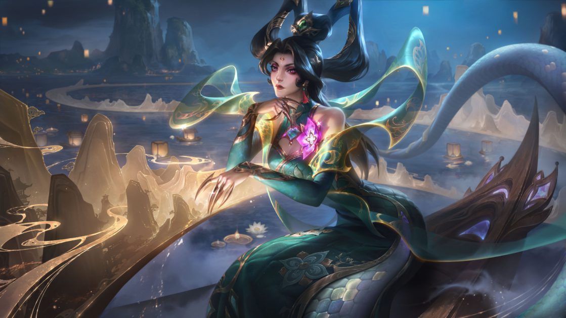 Imagem da skin Cassiopeia Criadora Mítica Prestígio no LoL