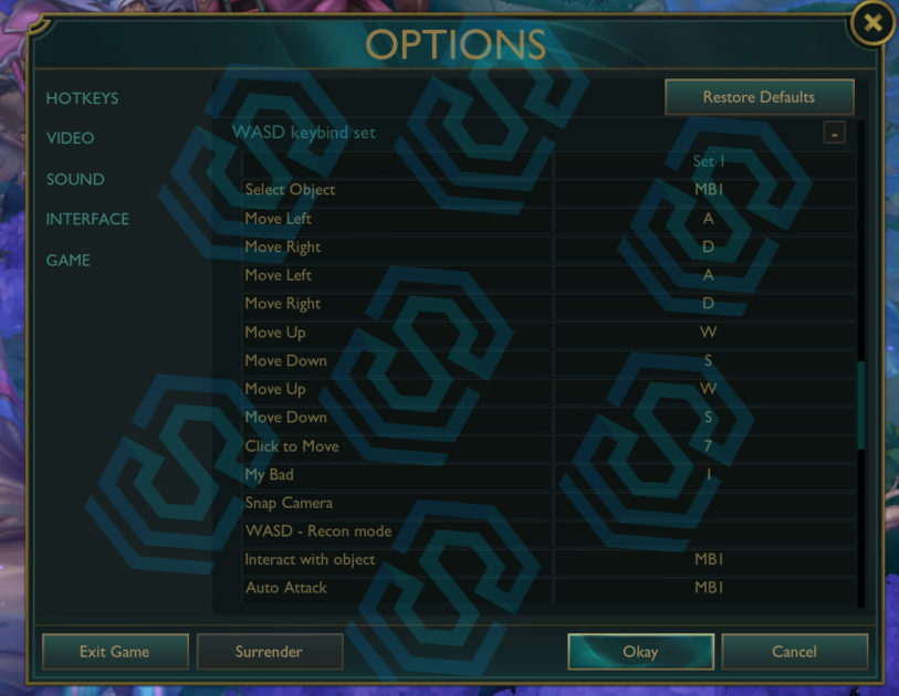 Imagens das configurações AWSD no LoL