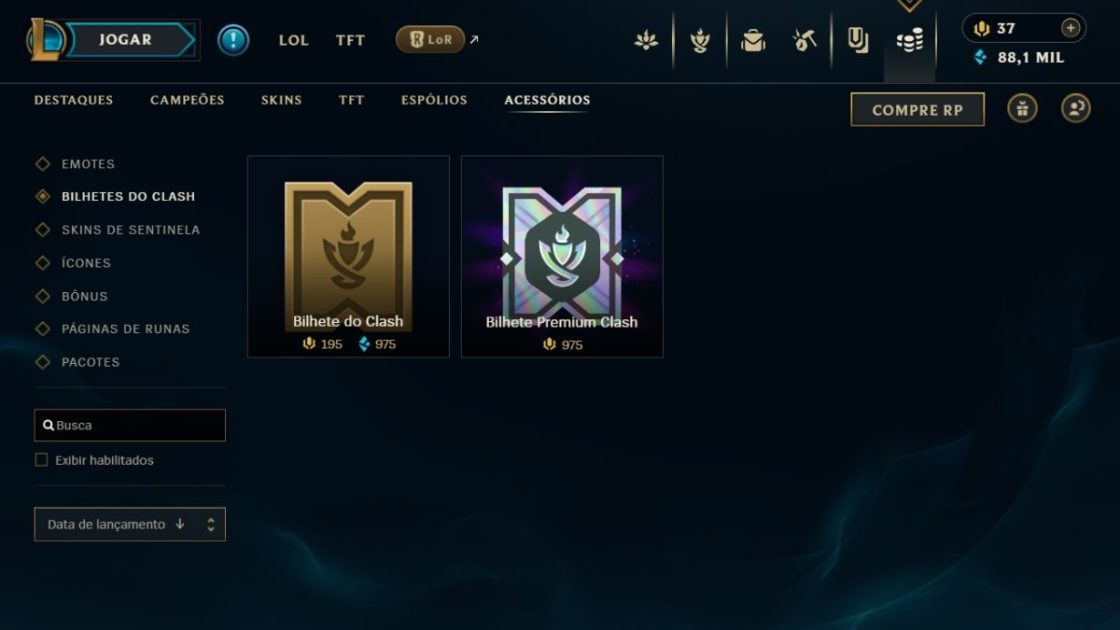 Imagem dos bilhetes disponíveis para o Clash do LoL.