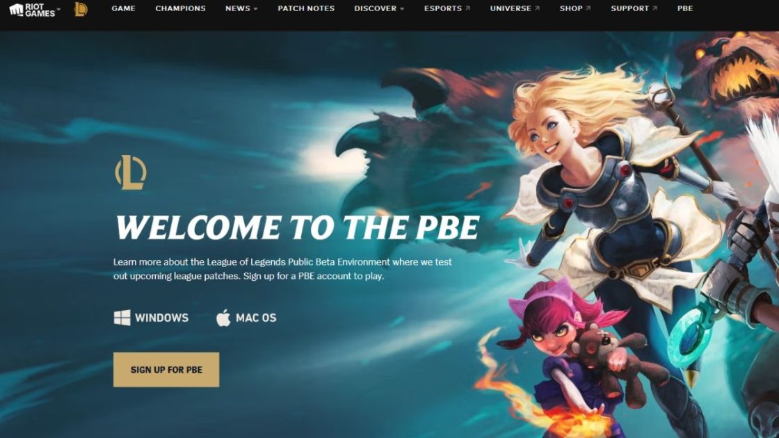 Imagem do site da Riot para ingressar no PBE do LoL.