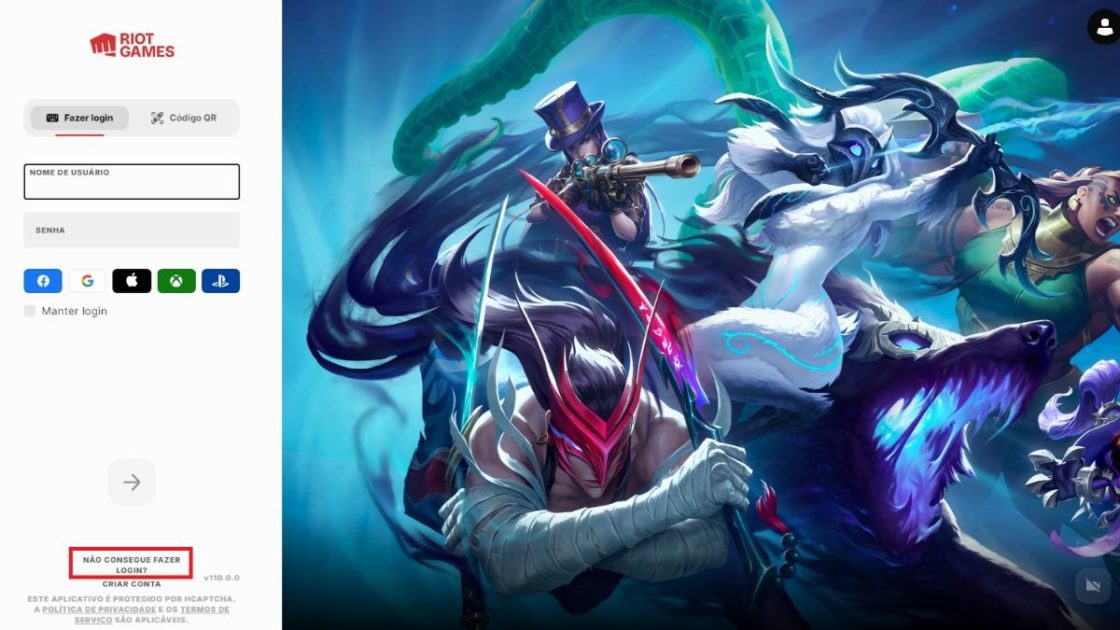 Imagem da opção "Não consegue fazer Login?" no cliente da Riot.