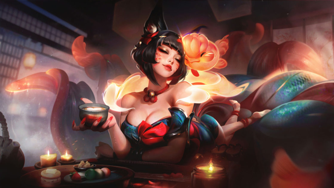 Na foto, a skin Ahri Termas Noturnas do Florescer Espiritual 2025 de Prestígio