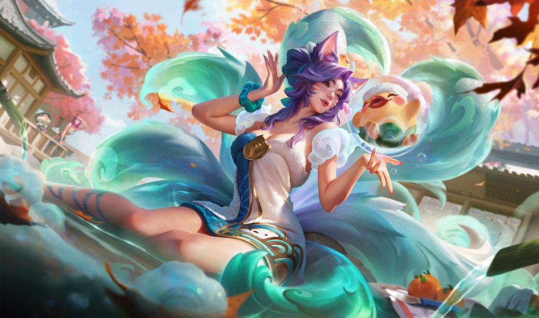 Na foto, a skin Ahri Termas do Florescer Espiritual 2025 de Prestígio