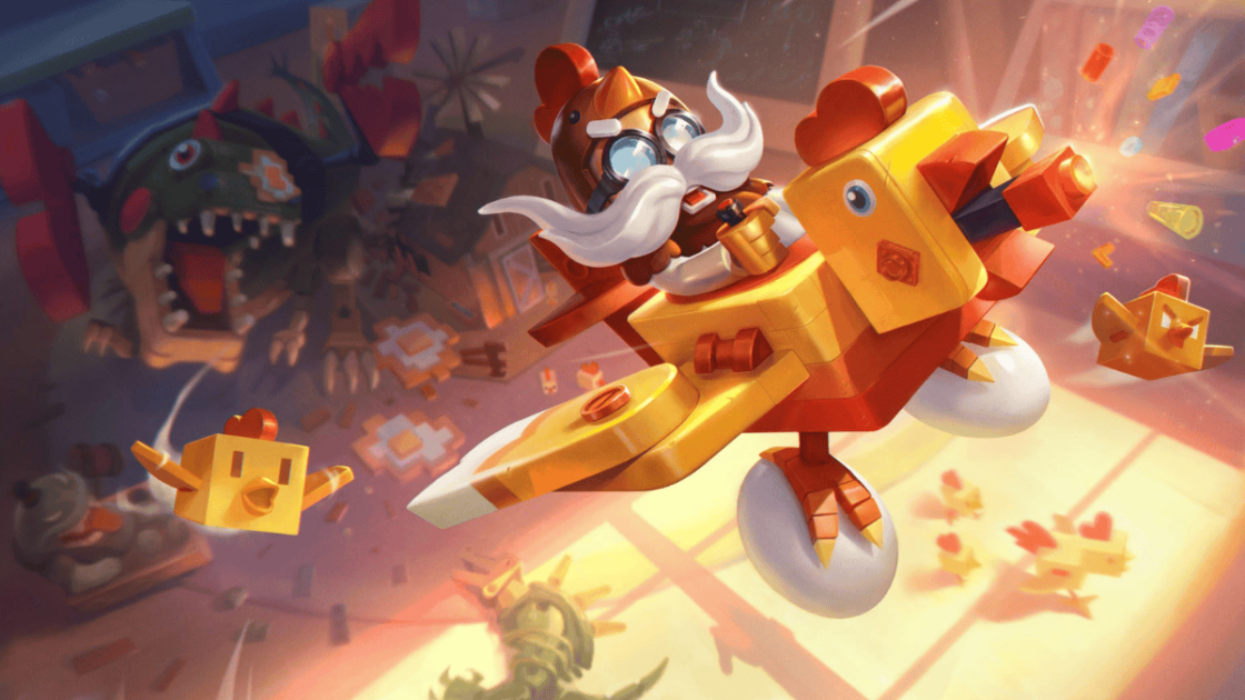 Imagem da nova skin Corki Blocos de Montar no LoL.