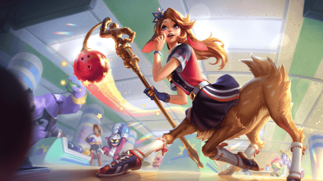 Imagem da nova skin Lillia Liga de Boliche no LoL.