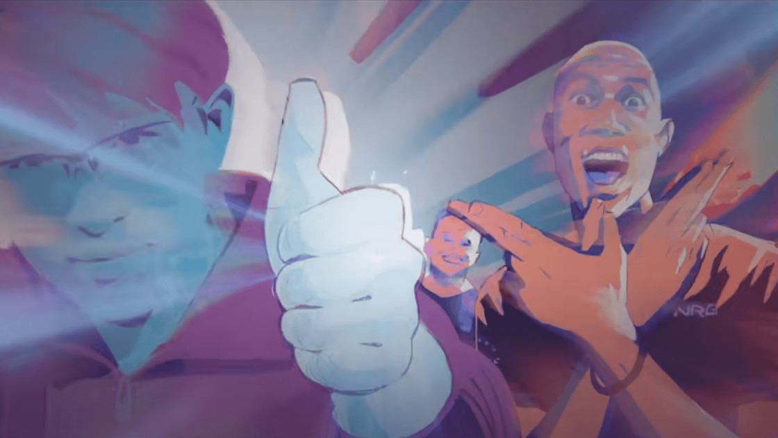 Imagem do jogador Evi e o dono da GAM, Nguyen, no videoclipe da música Sacrifice, tema do Worlds 2025