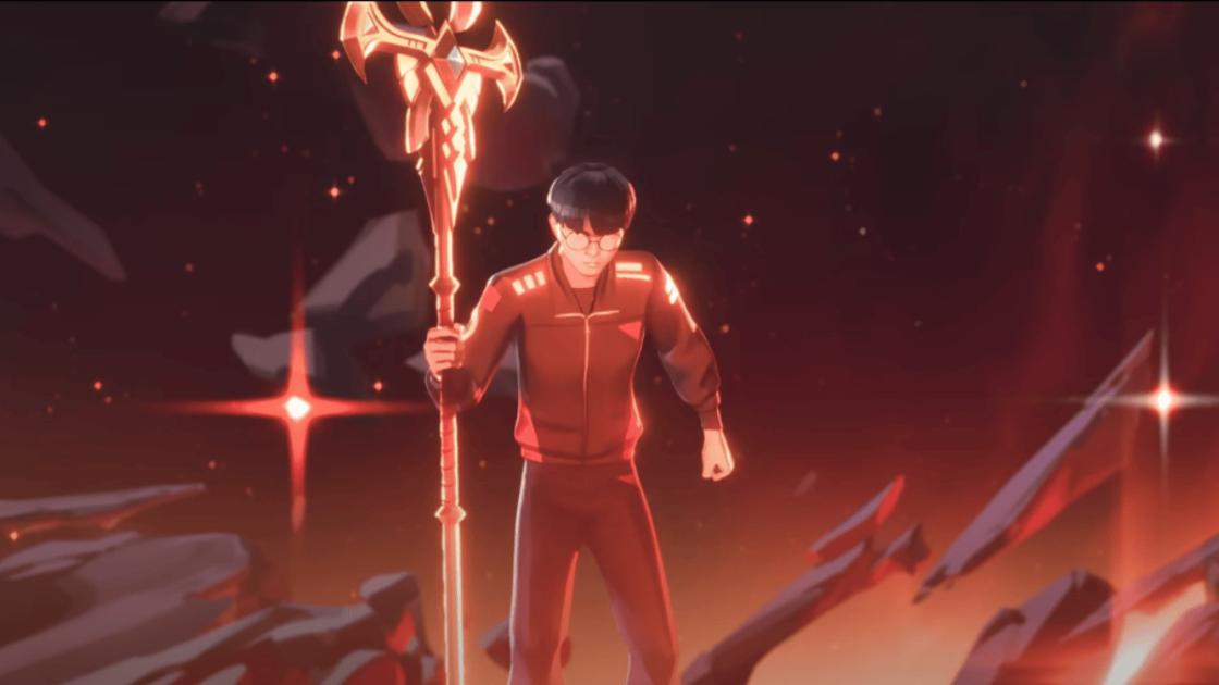 Imagem do jogador Faker no videoclipe da música Sacrifice, tema do Worlds 2025