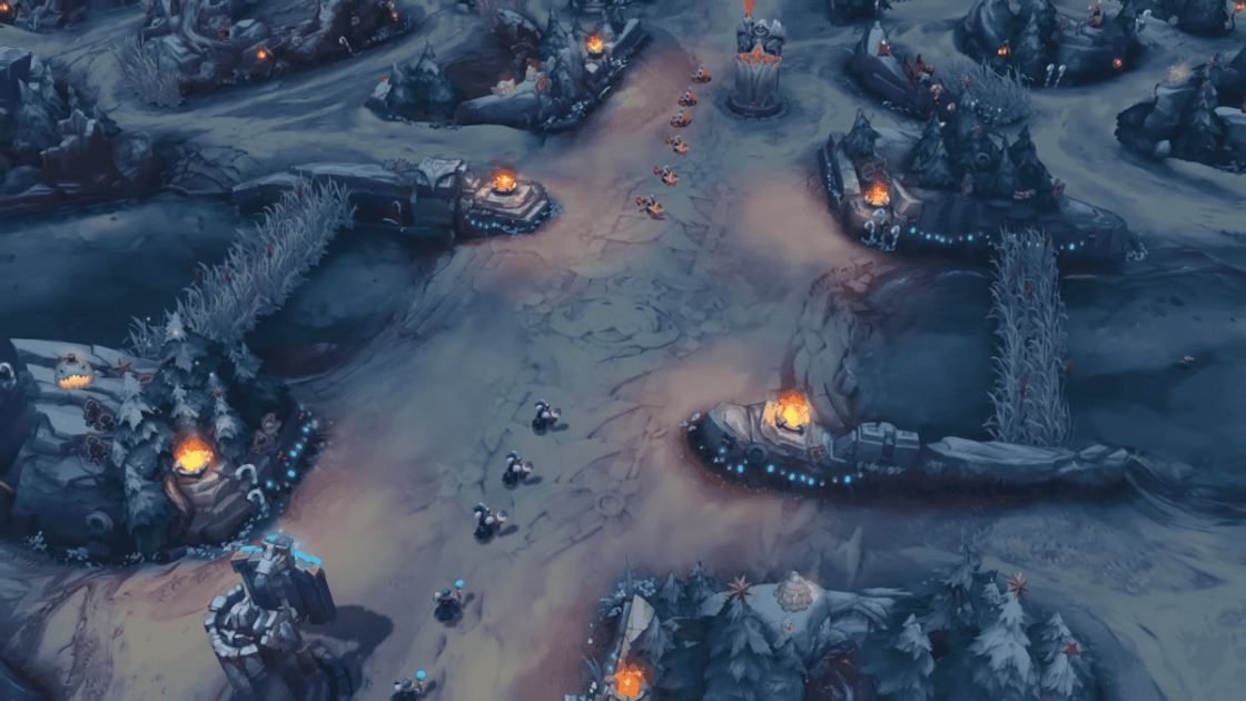 Foto da rota do meio no novo mapa de inverno do LoL.